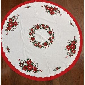Vintage Christmas 69" Round Tablecloth w Poinsettias & Holly Made In‎ Brazil